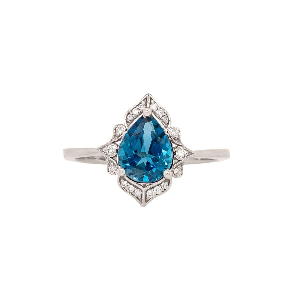 1.75cts London Blue Topaz Ring in Solid 14K White Gold with Natural Diamonds